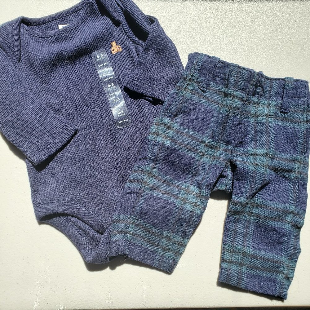 Gap Boys 0-3 Months Plaid Blue/Green Pants with Long Sleeve Onesie NEW Winter
